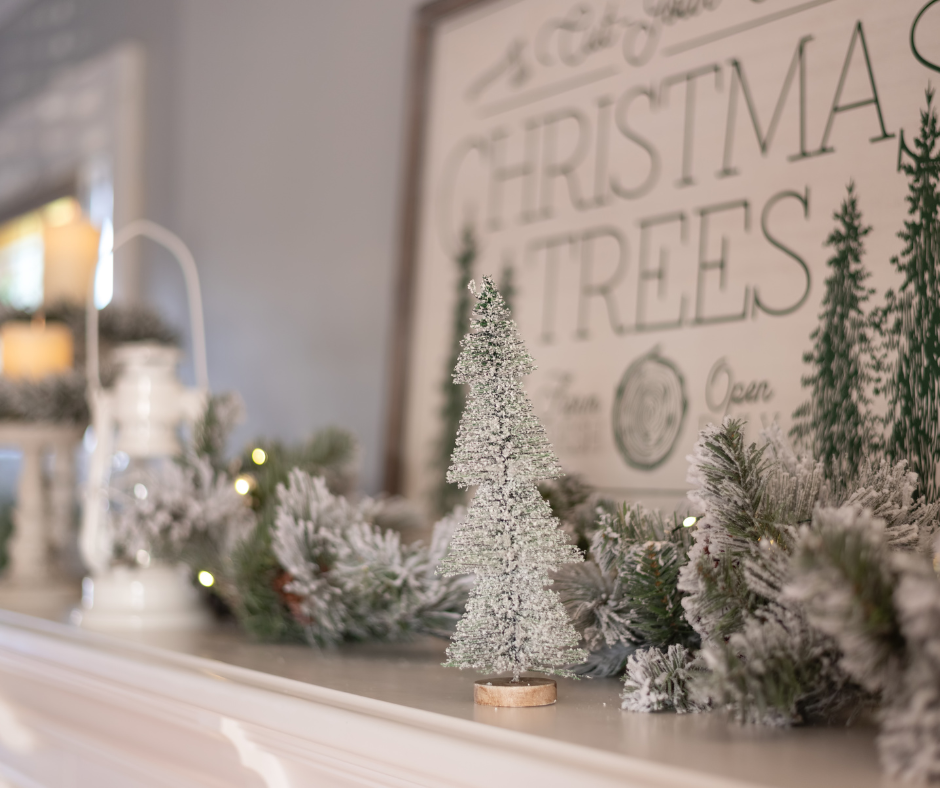 Fireplace mantel decorated for Christmas