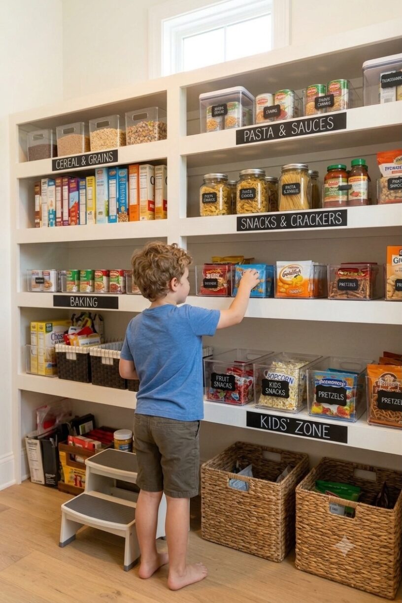 A young boy stands on a step stool to reach his snacks in a well-organized pantry with labeled shelves including a dedicated kids' zone.